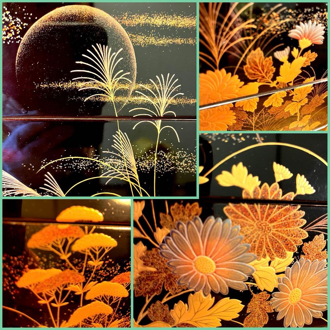 A1027 木製輪島塗　３段重箱　　「久世宗春」　草花蒔絵