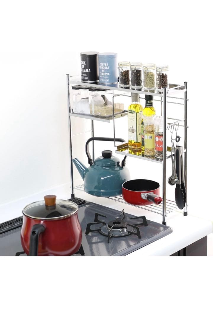 【新品未使用】ステンレス 天板 コンロサイドラック (棚2段＆フック3個)