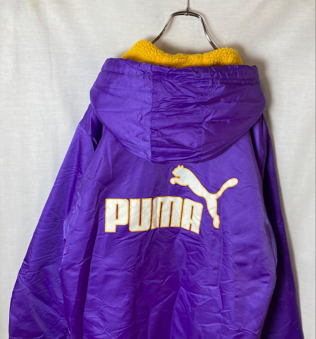 90s古着PUMAでかロゴ 裏ボア パープルナイロンベンチコート ビッグサイズ