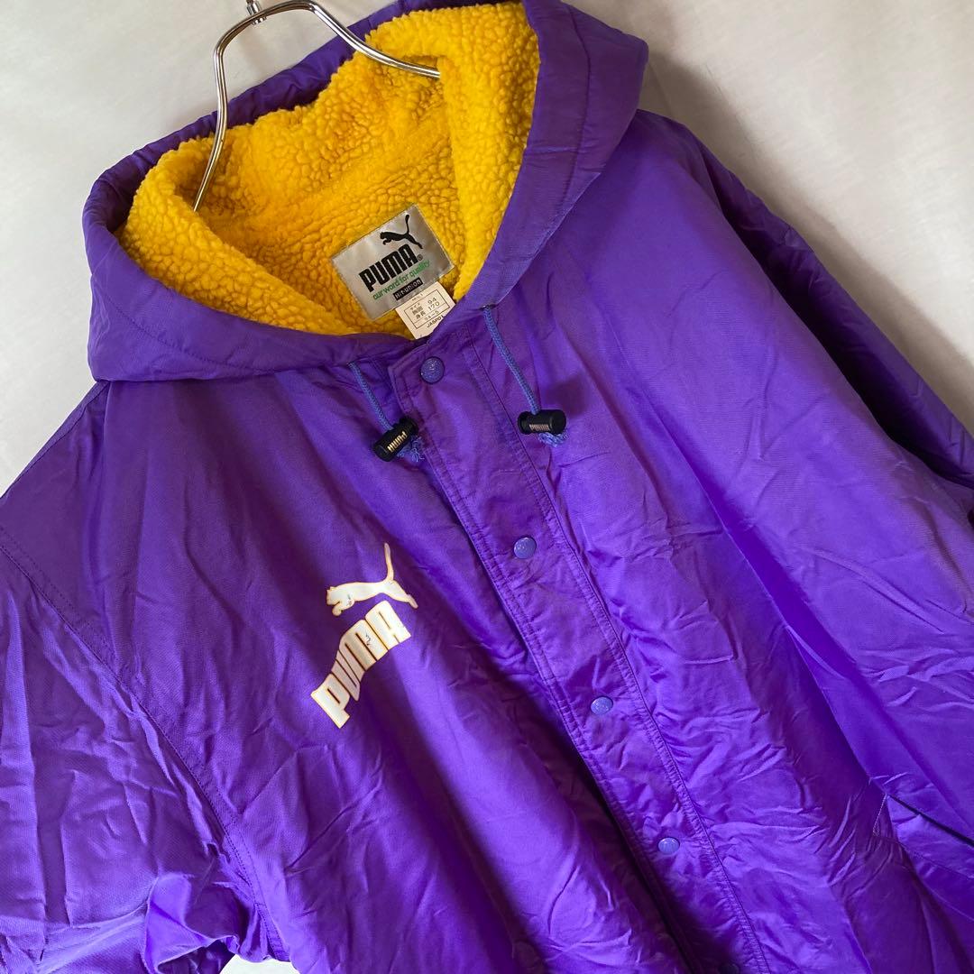 90s古着PUMAでかロゴ 裏ボア パープルナイロンベンチコート ビッグサイズ