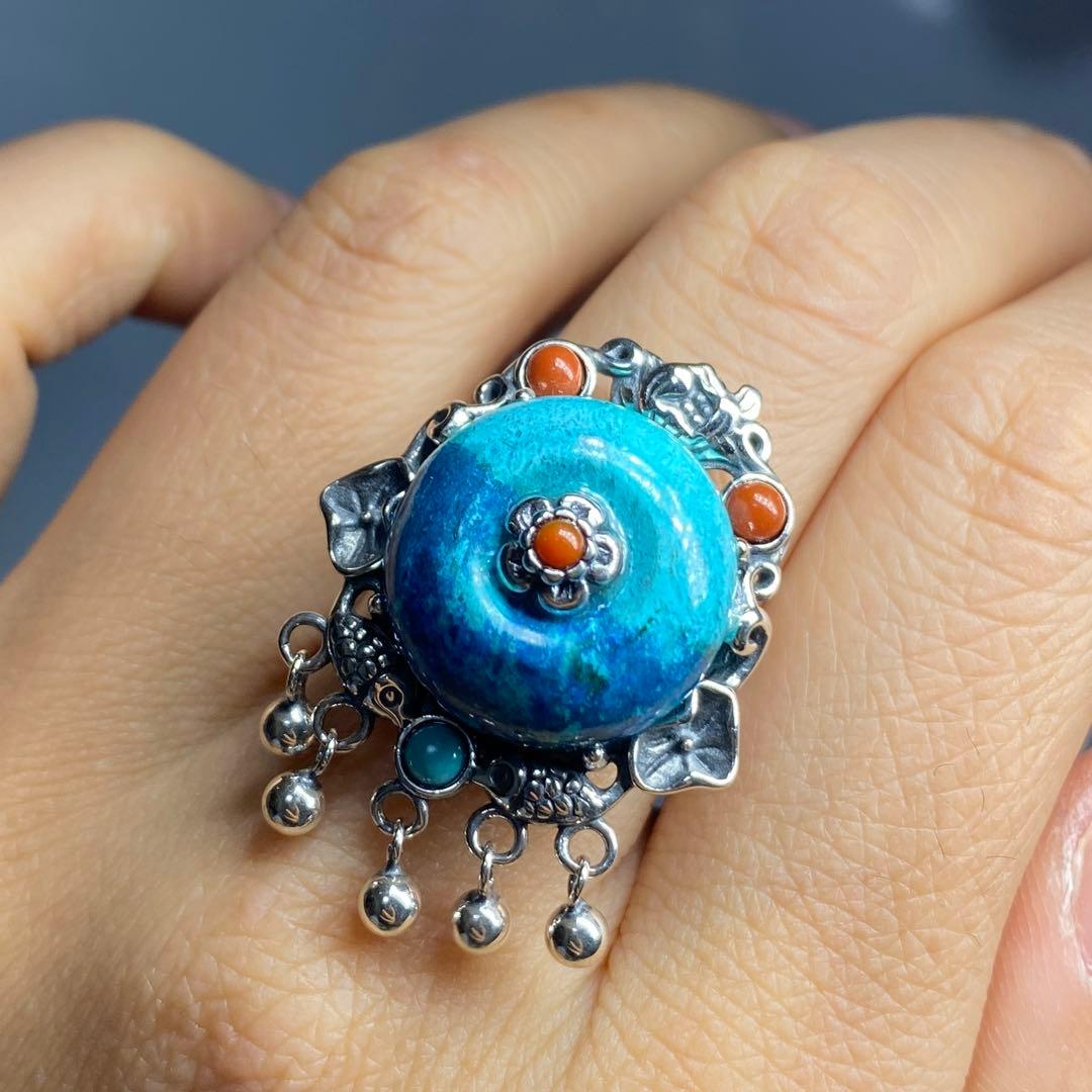 天然石リング　高品質クリソコラ　青　ナンホーンメノウ　SV925刻印