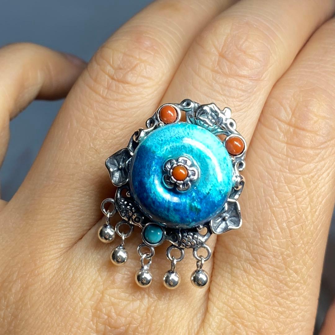 天然石リング　高品質クリソコラ　青　ナンホーンメノウ　SV925刻印