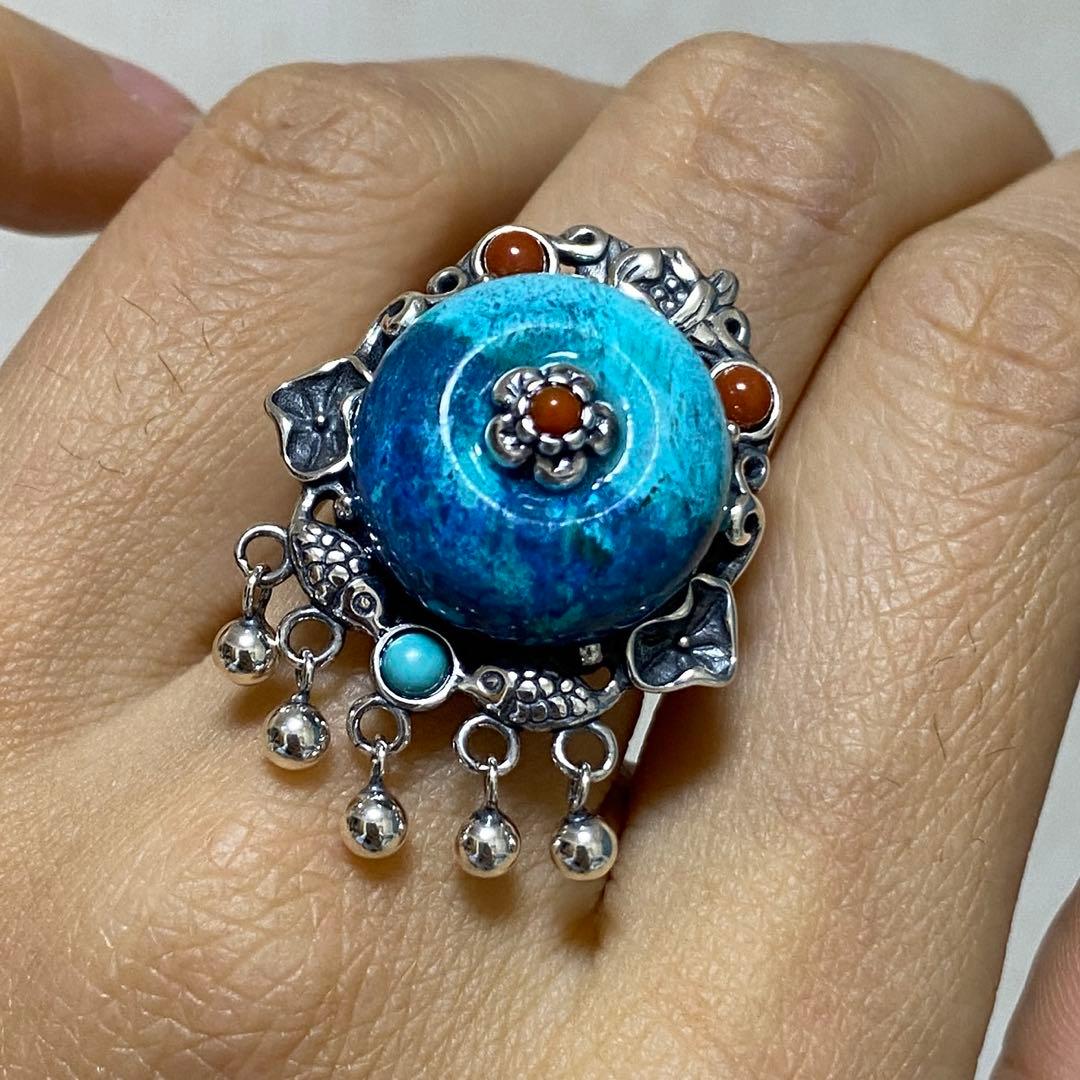 天然石リング　高品質クリソコラ　青　ナンホーンメノウ　SV925刻印