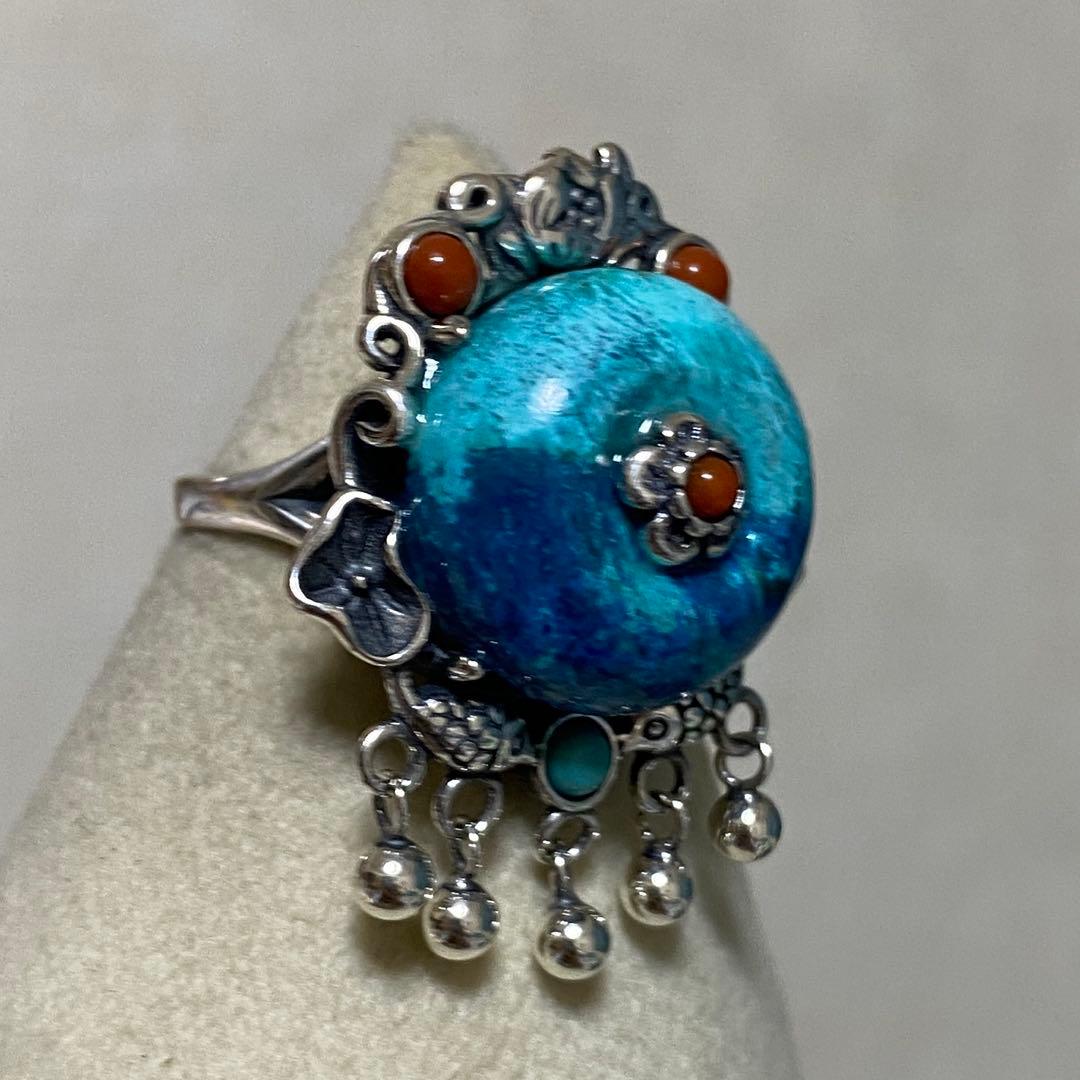 天然石リング　高品質クリソコラ　青　ナンホーンメノウ　SV925刻印