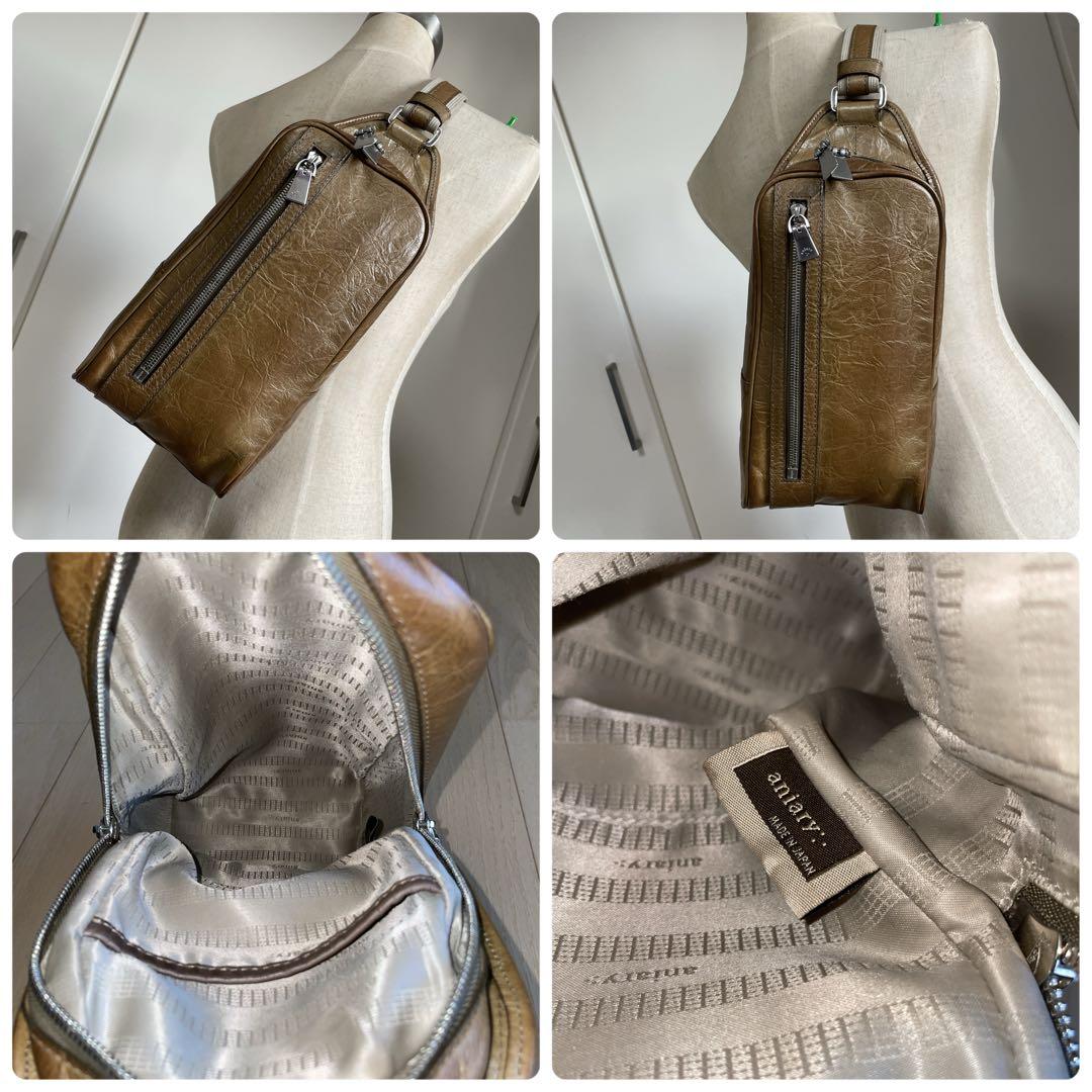 aniaryアニアリメタリックレザー縦長ボディバッグ06-07000中古カーキ