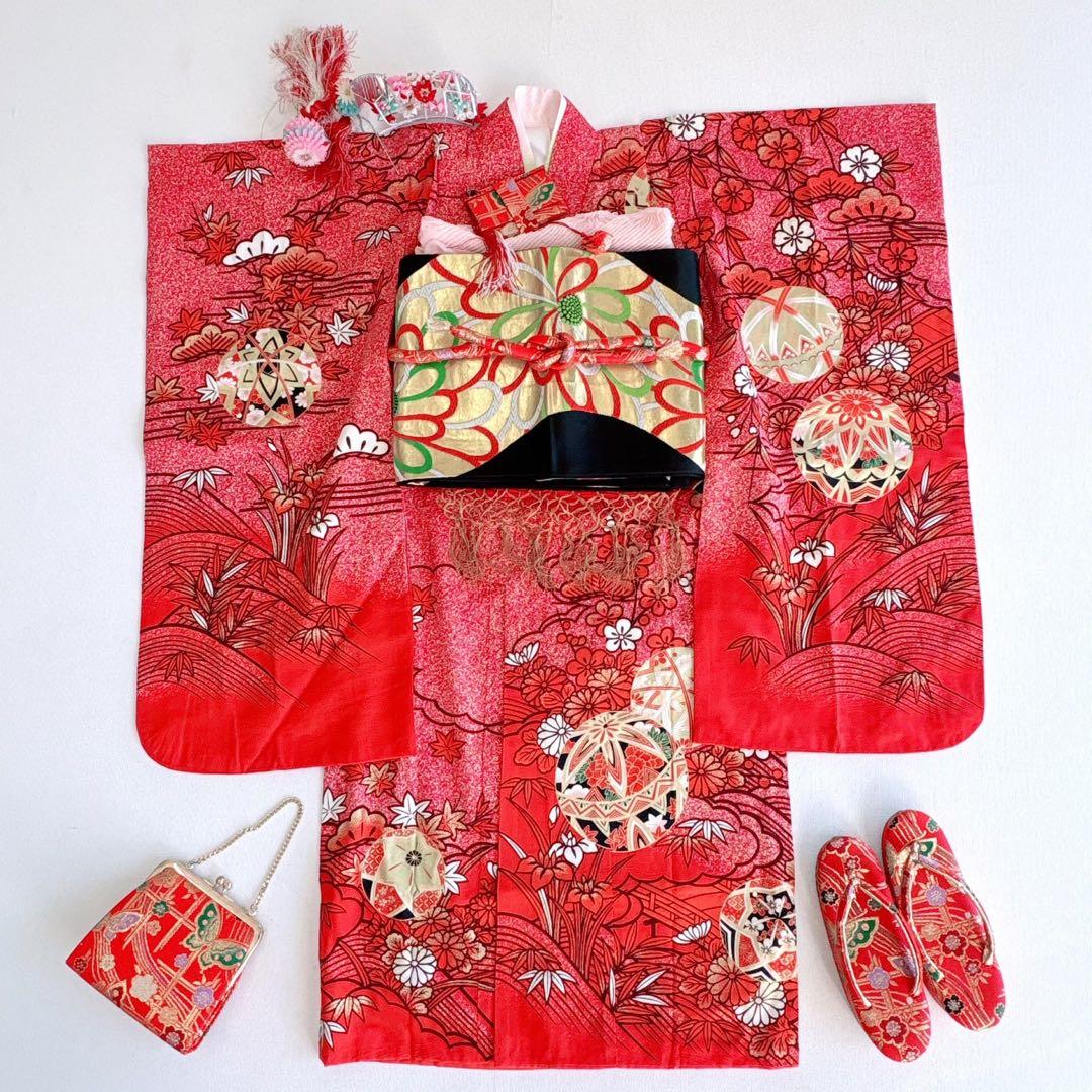 セット　七五三７歳女の子　小物　赤地　化繊　赤系　52324