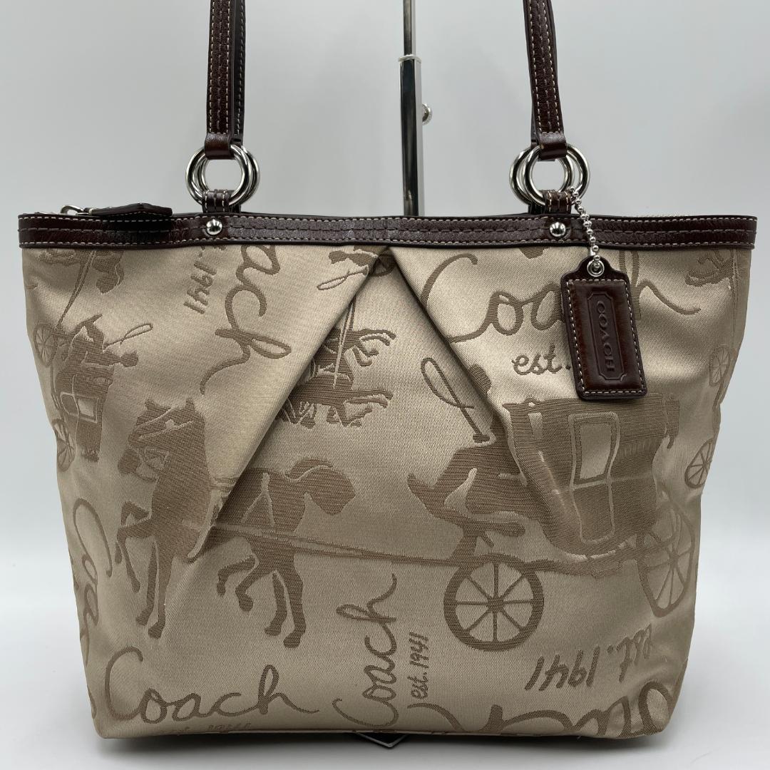 良品 COACH トートバッグ キャンバス ブラウン 馬車柄 肩掛け