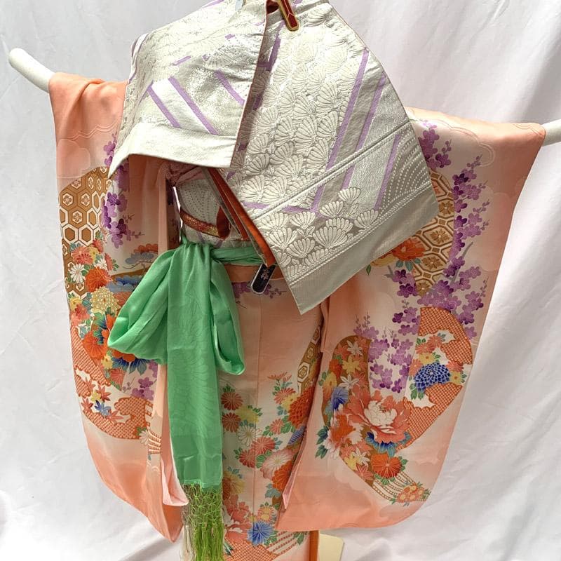 503ag48■七五三 七歳 女児 着物&袋帯&長襦袢 牡丹 菊■状態良好