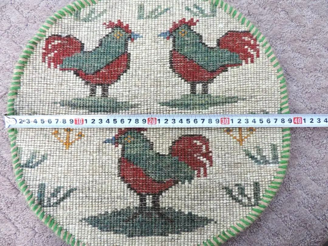 円形 ペルシャシラーズ産手織りウール製座布団サイズギャッベニワトリ柄、本物.保証