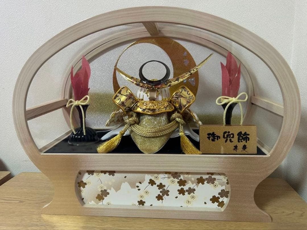 美品！兜 ライト付き 五月人形 木製ケース 子供の日 コンパクト