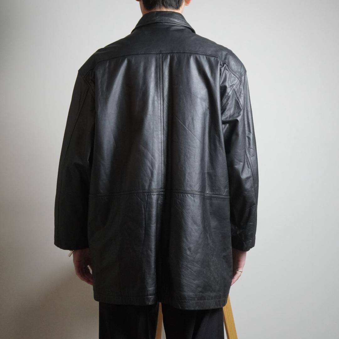 vintage レザージャケットコート 裏地キルティング ブラック/EZ81