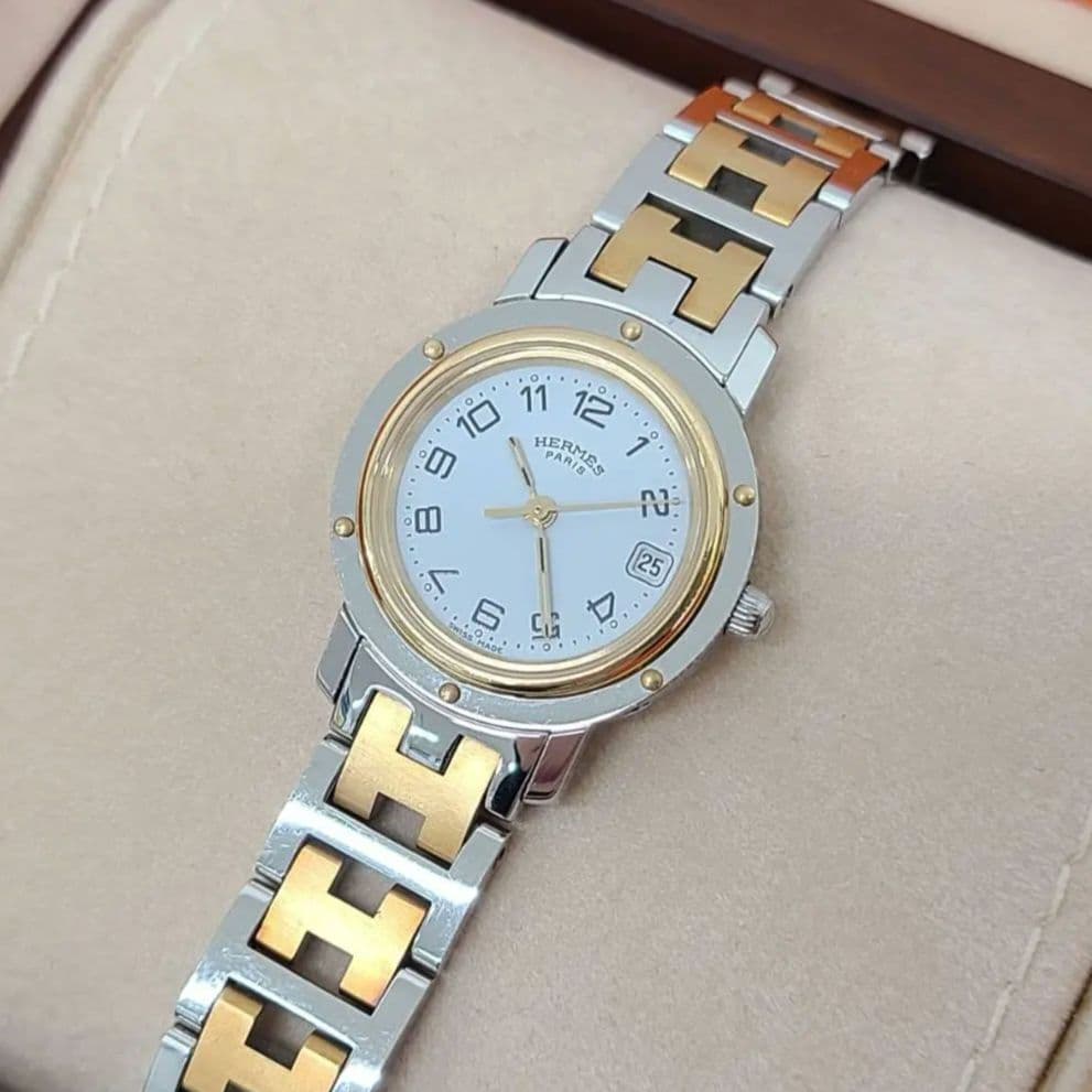 【鑑定済】エルメス クリッパー デイト CL4.220 ホワイト文字盤 美品