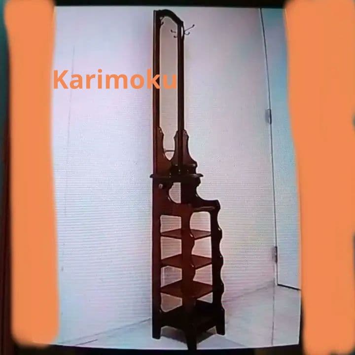 カリモク✨廃版品✨木製シェルフラック 5段✨鏡付き✨４フック付✨きれいな状態です