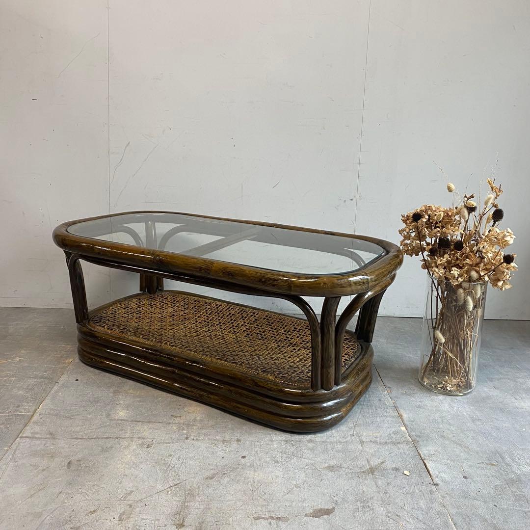 ヴィンテージ ラタン ガラス テーブル 机 昭和レトロ z576