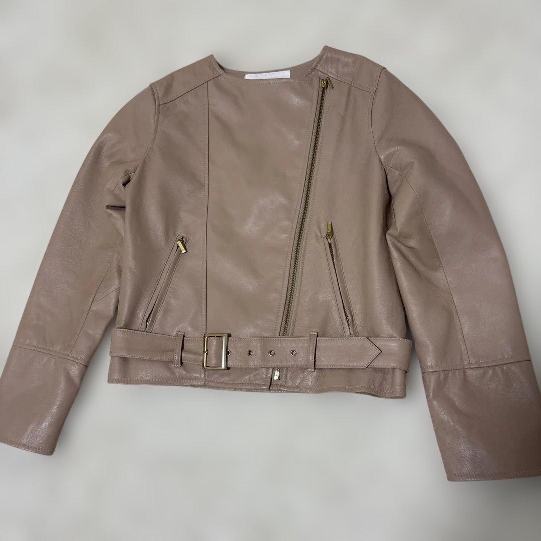 羊革【極美品】ケティーシェリー　ノーカラーダブルライダースL　ピンク　ベルト