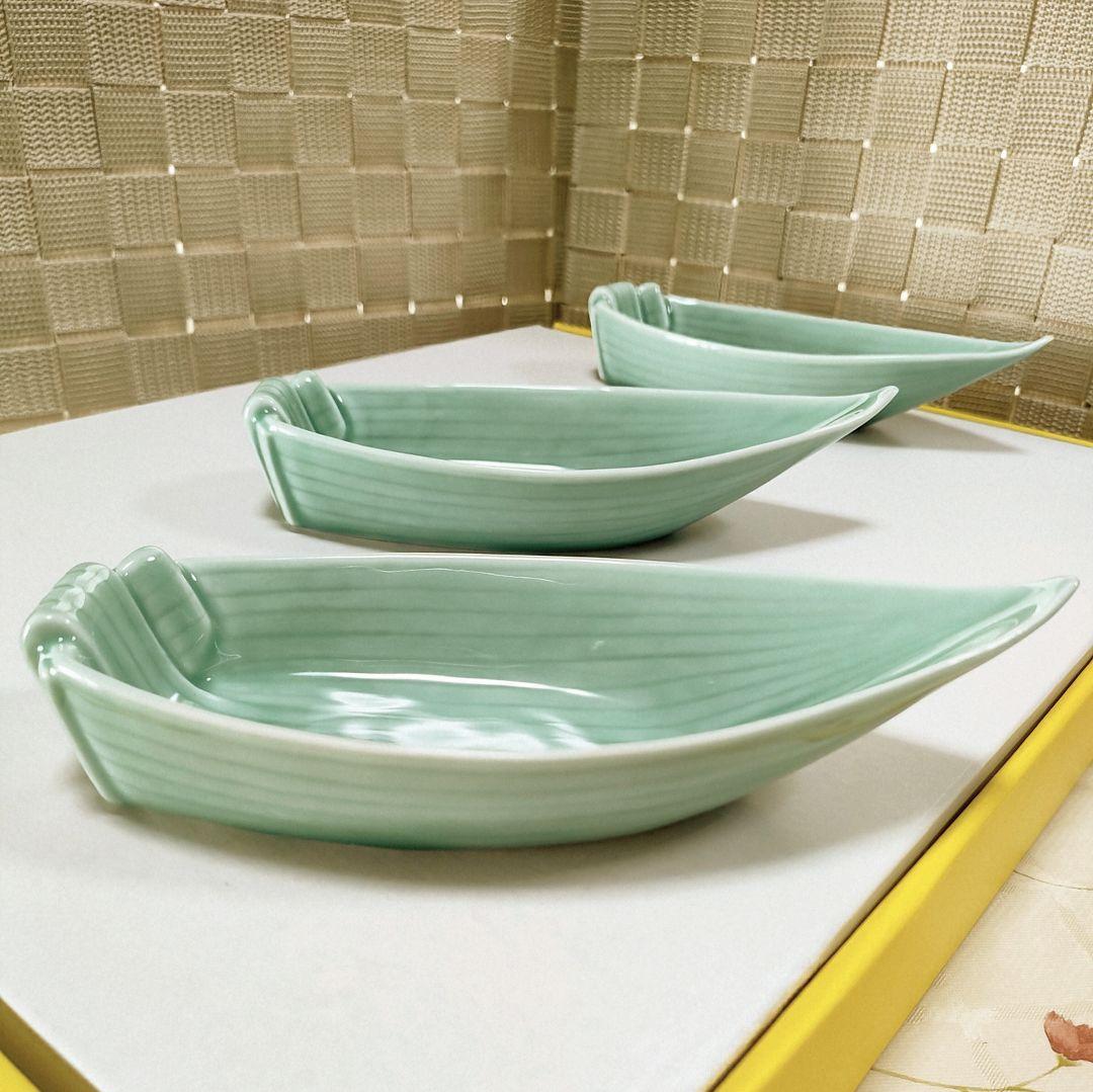 ●5116#0115　深川製磁/百年庵笹青磁笹舟取皿揃い(5客)　1201