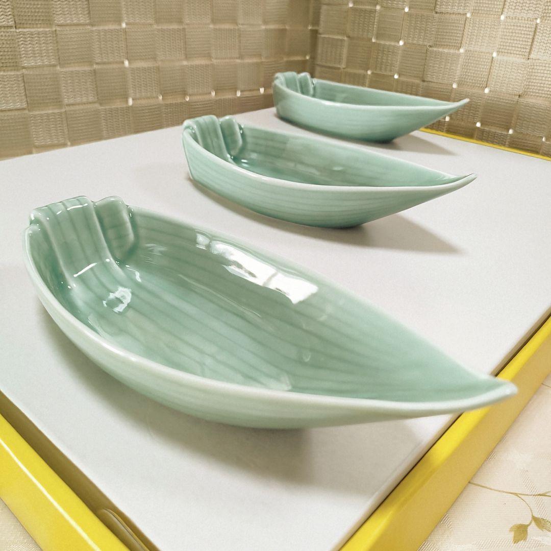 ●5116#0115　深川製磁/百年庵笹青磁笹舟取皿揃い(5客)　1201