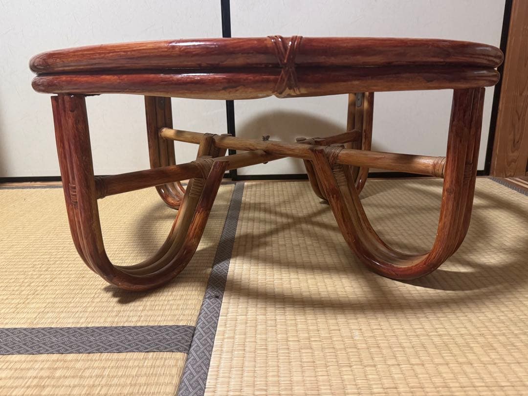 昭和レトロ　ラタン ガラステーブル 籐 　座卓　円卓　ヴィンテージ おしゃれ