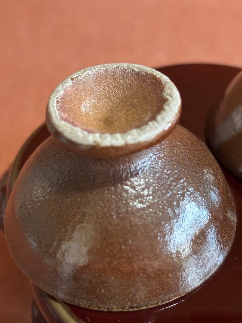 やまちゃん河井寛次郎作柿緑白釉鶴首瓶鉄釉高台盃台二客検森の初春に捧ぐ