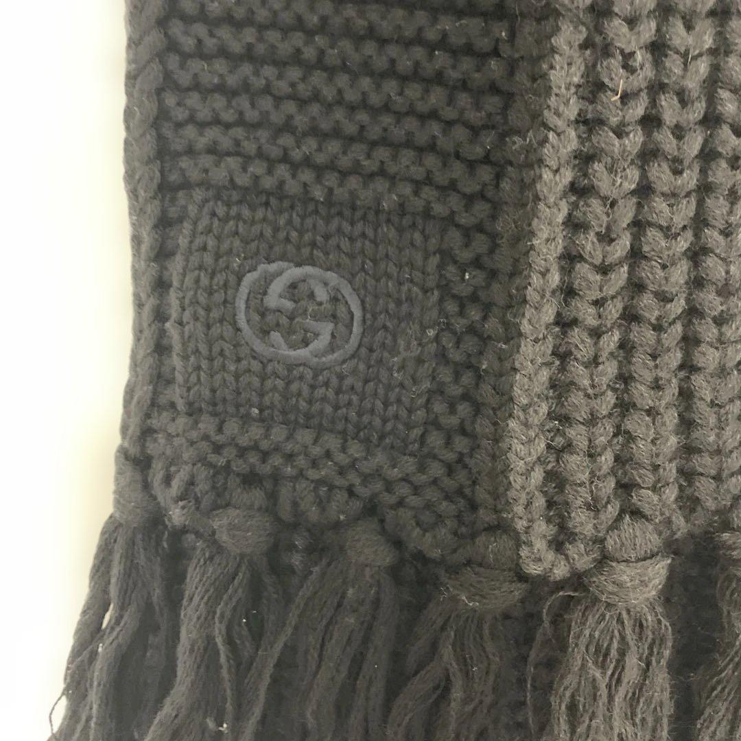 GUCCI グッチ ニット フリンジ マフラー ロゴ刺繍 ブラック 中古