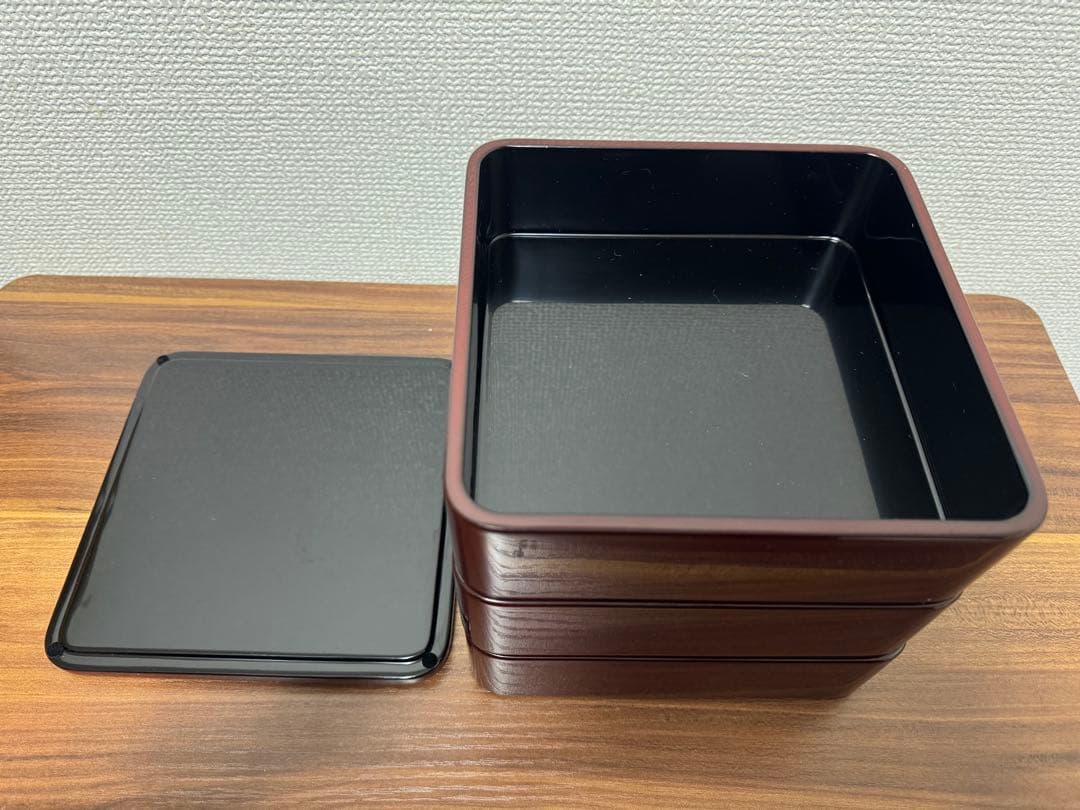【未使用・送料無料】越前漆器 5.5 三段重隅丸型朱 三段 重箱 古代朱