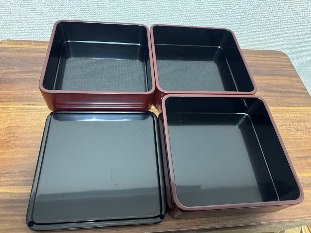 【未使用・送料無料】越前漆器 5.5 三段重隅丸型朱 三段 重箱 古代朱