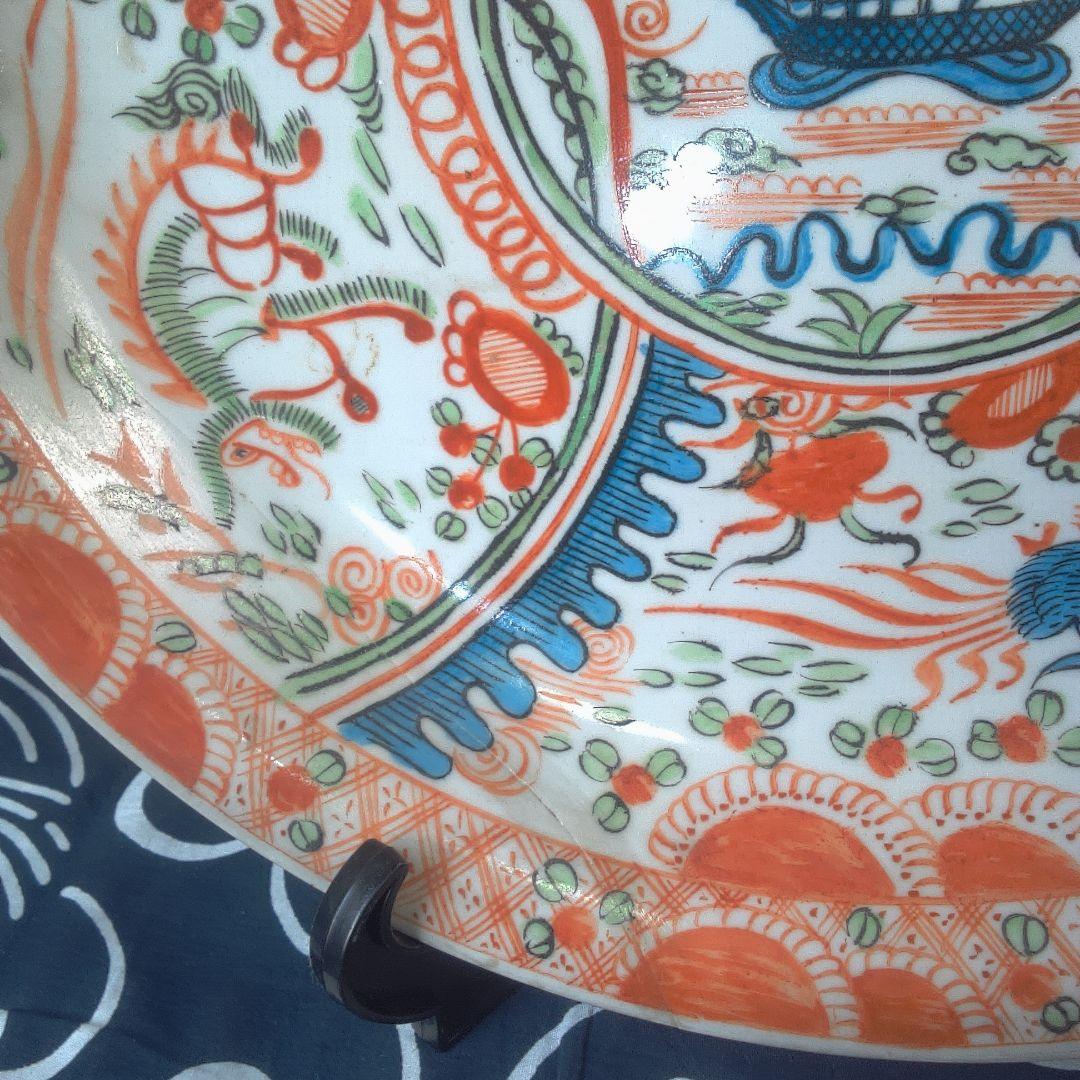 骨董６ 中国？ ひび直しあります注意多色花模様の陶器皿