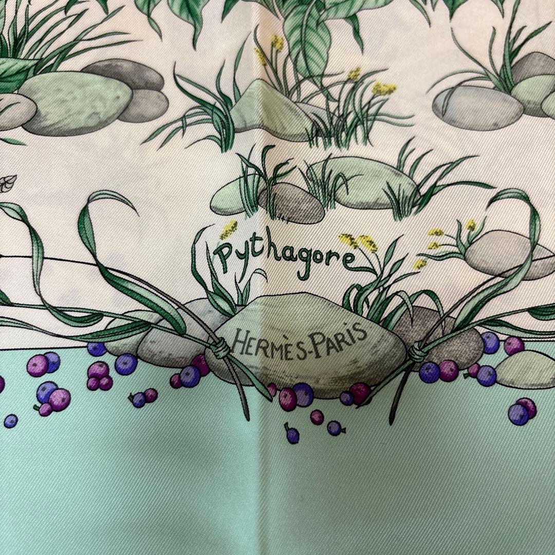 エルメス　スカーフ　スカイブルー系　花柄爽やか美品