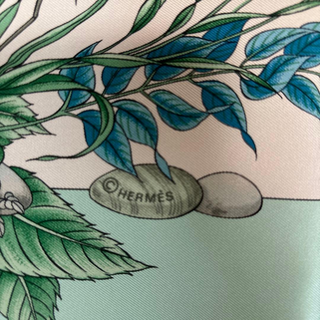 エルメス　スカーフ　スカイブルー系　花柄爽やか美品