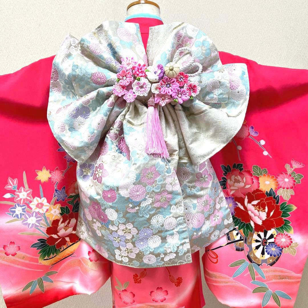 七五三　7歳　二部式作り帯　だらり風舞妓 つまみ細工　ハーフ成人式　十三詣り