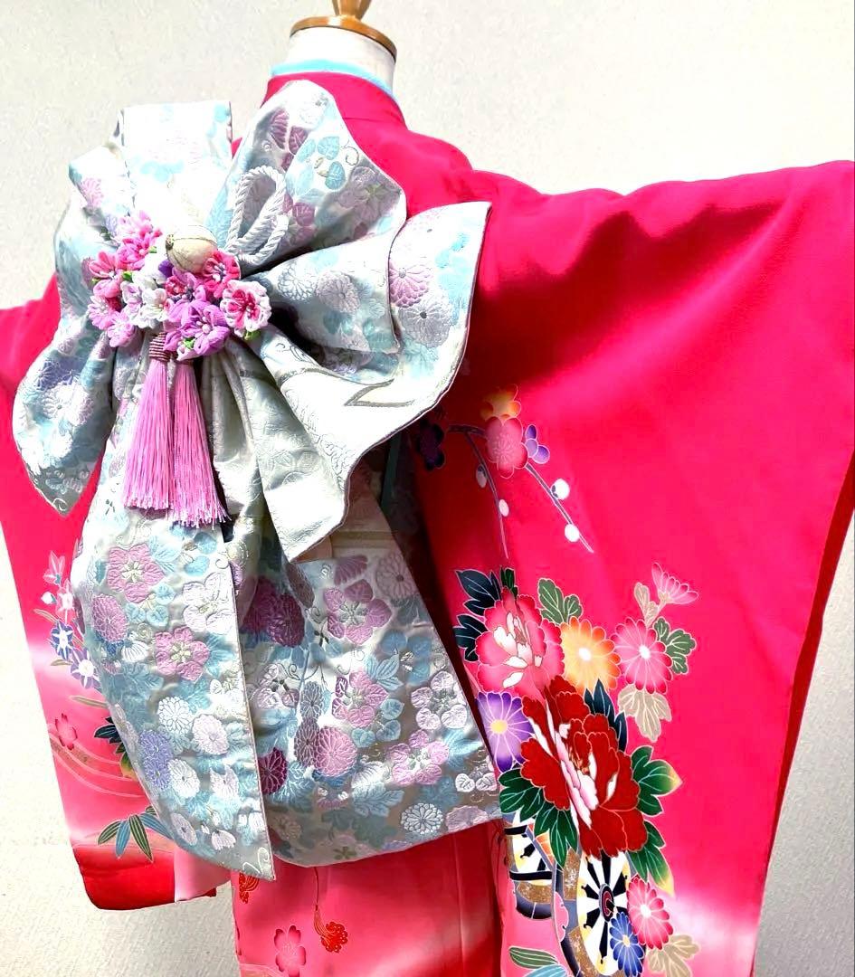 七五三　7歳　二部式作り帯　だらり風舞妓 つまみ細工　ハーフ成人式　十三詣り