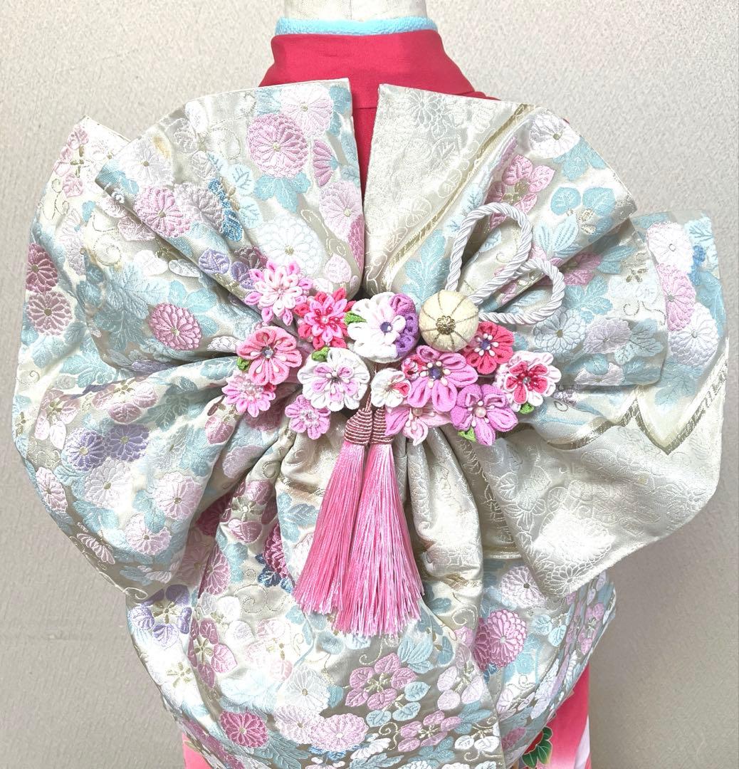 七五三　7歳　二部式作り帯　だらり風舞妓 つまみ細工　ハーフ成人式　十三詣り