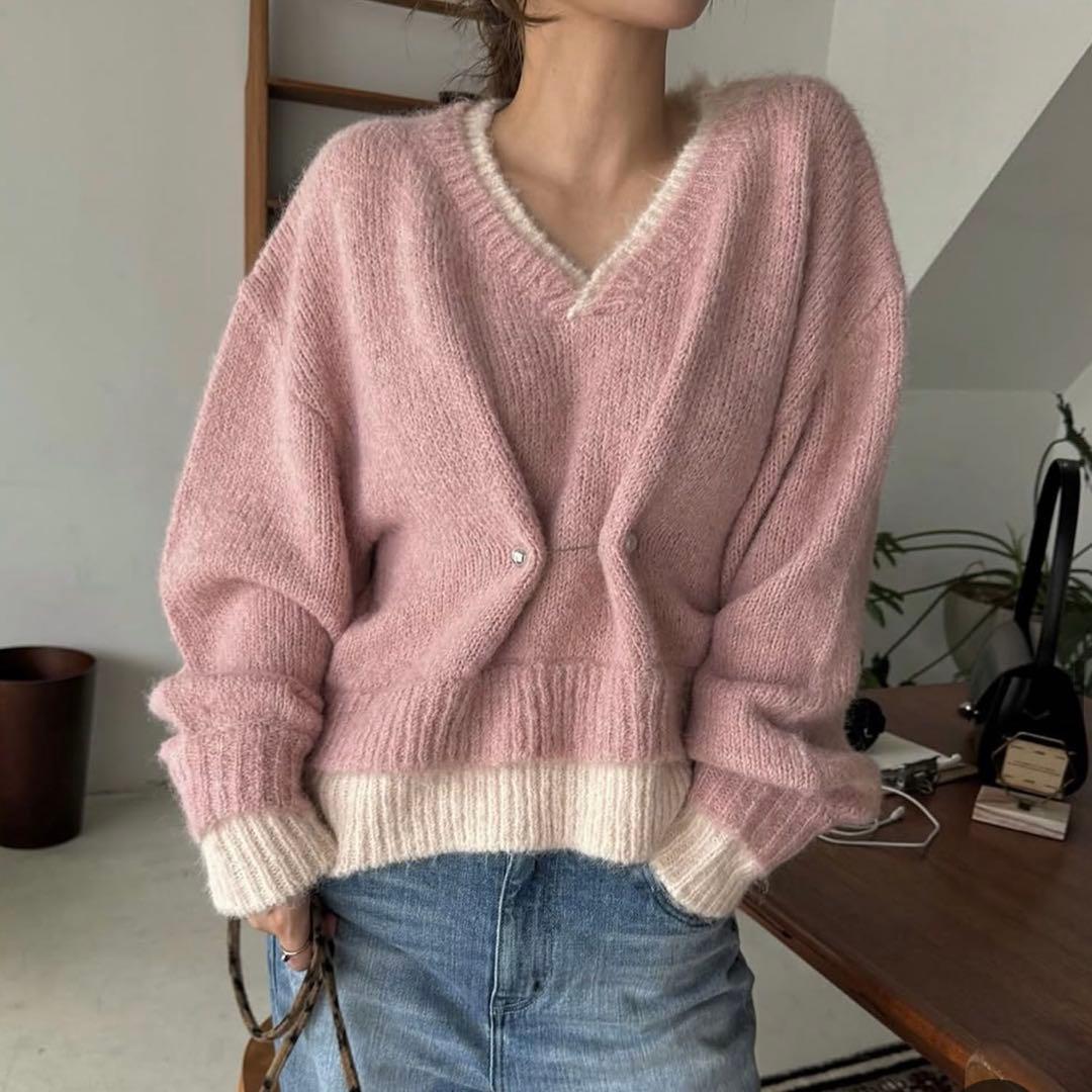 トップス double rib layered like broach knit