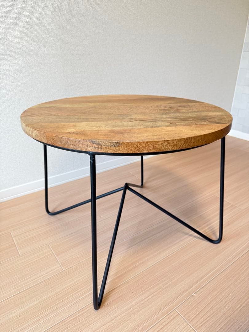 【美品】無垢材 ローテーブル 北欧家具 アイアンレッグ 丸テーブル