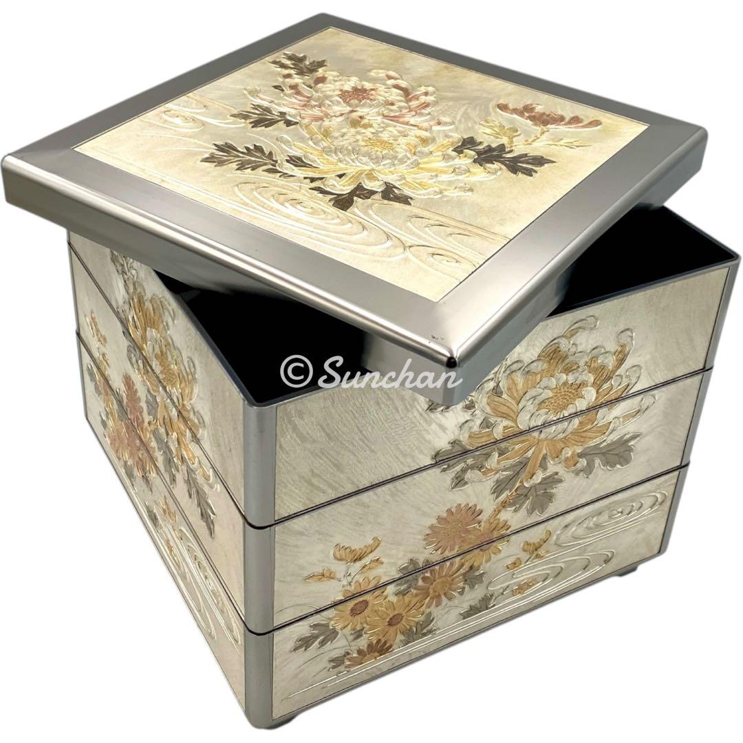 【希少品】 彫金 三段重 共箱 説明栞付き 御重箱 重箱 純金 純銀 銅仕上げ