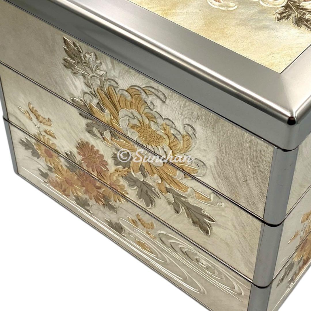 【希少品】 彫金 三段重 共箱 説明栞付き 御重箱 重箱 純金 純銀 銅仕上げ