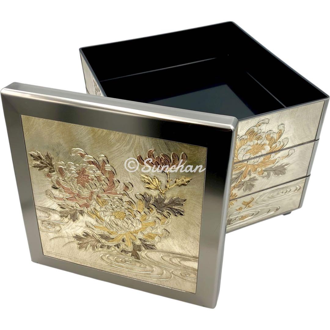 【希少品】 彫金 三段重 共箱 説明栞付き 御重箱 重箱 純金 純銀 銅仕上げ