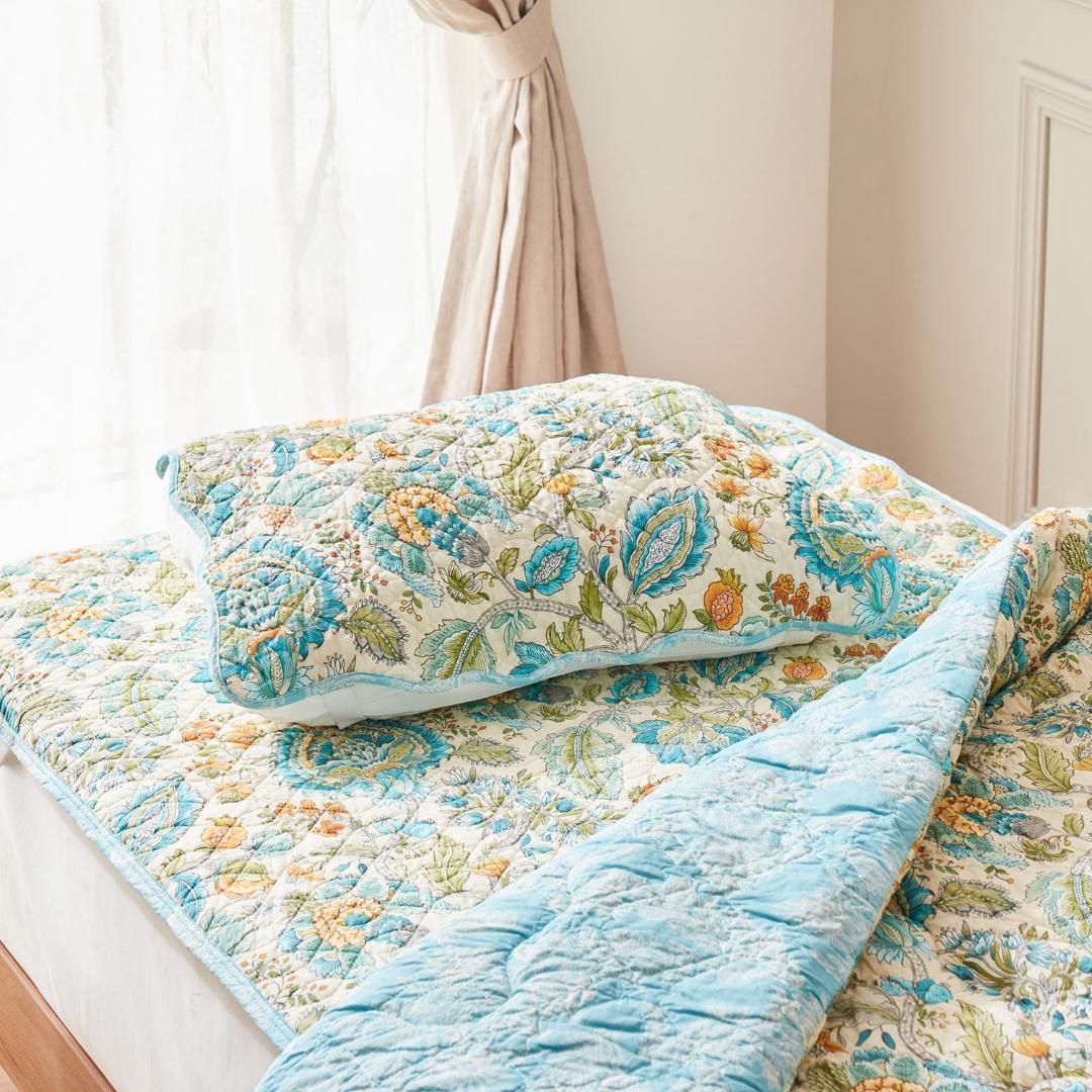 大津毛織　青い花柄 敷きパッド（ シングルサイズ）＋枕カバー2枚セット