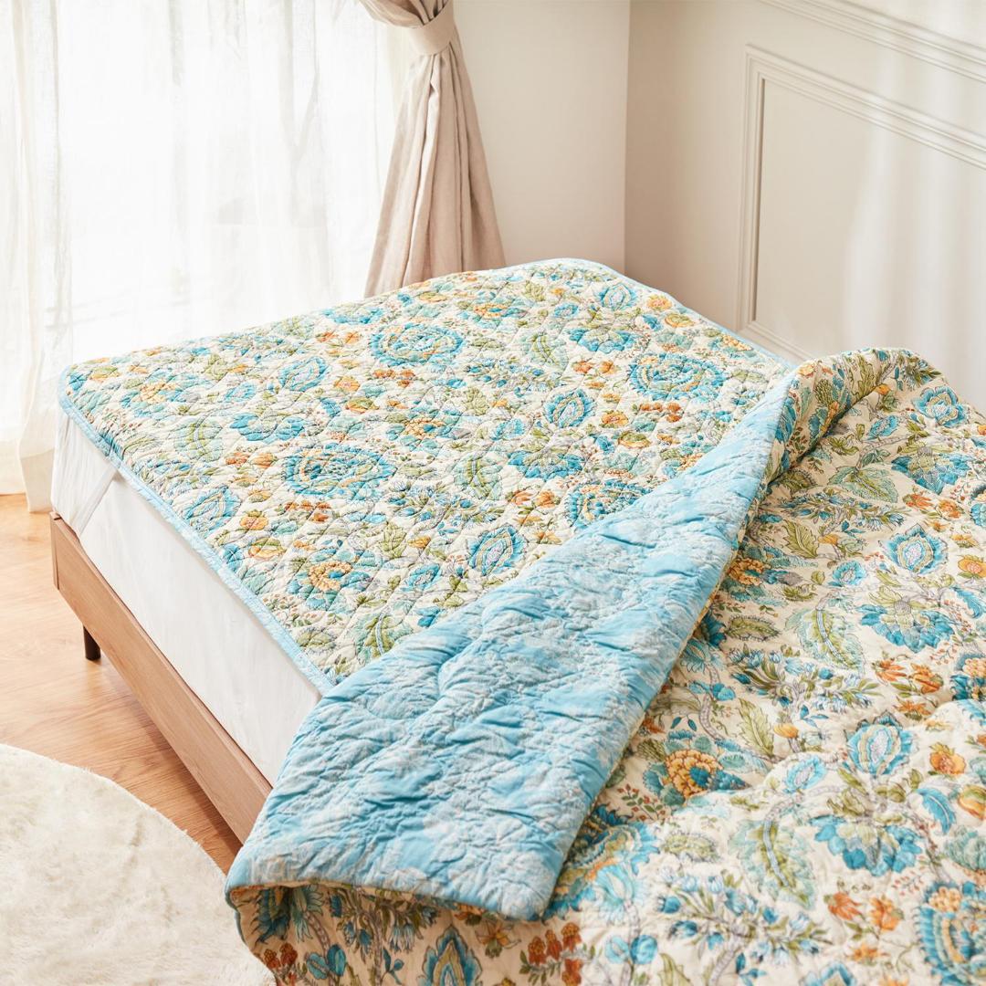 大津毛織　青い花柄 敷きパッド（ シングルサイズ）＋枕カバー2枚セット