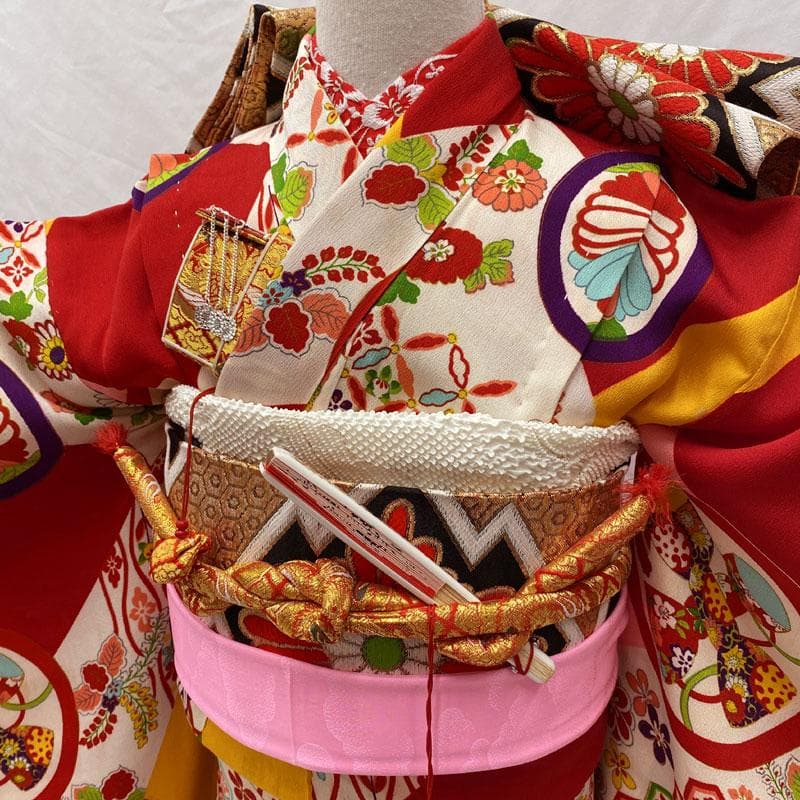 601ag23◎七五三 七歳 女児 アンティーク着物&丸帯 レトロ 花丸◎