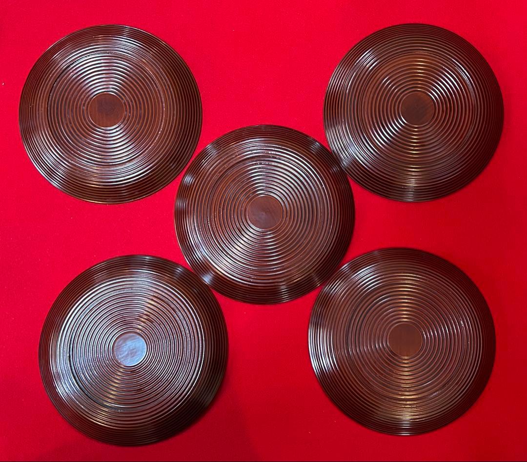 茶道具 古道具 菓子器 菓子盆 丸盆 独楽盆 五枚 箱付き 漆器