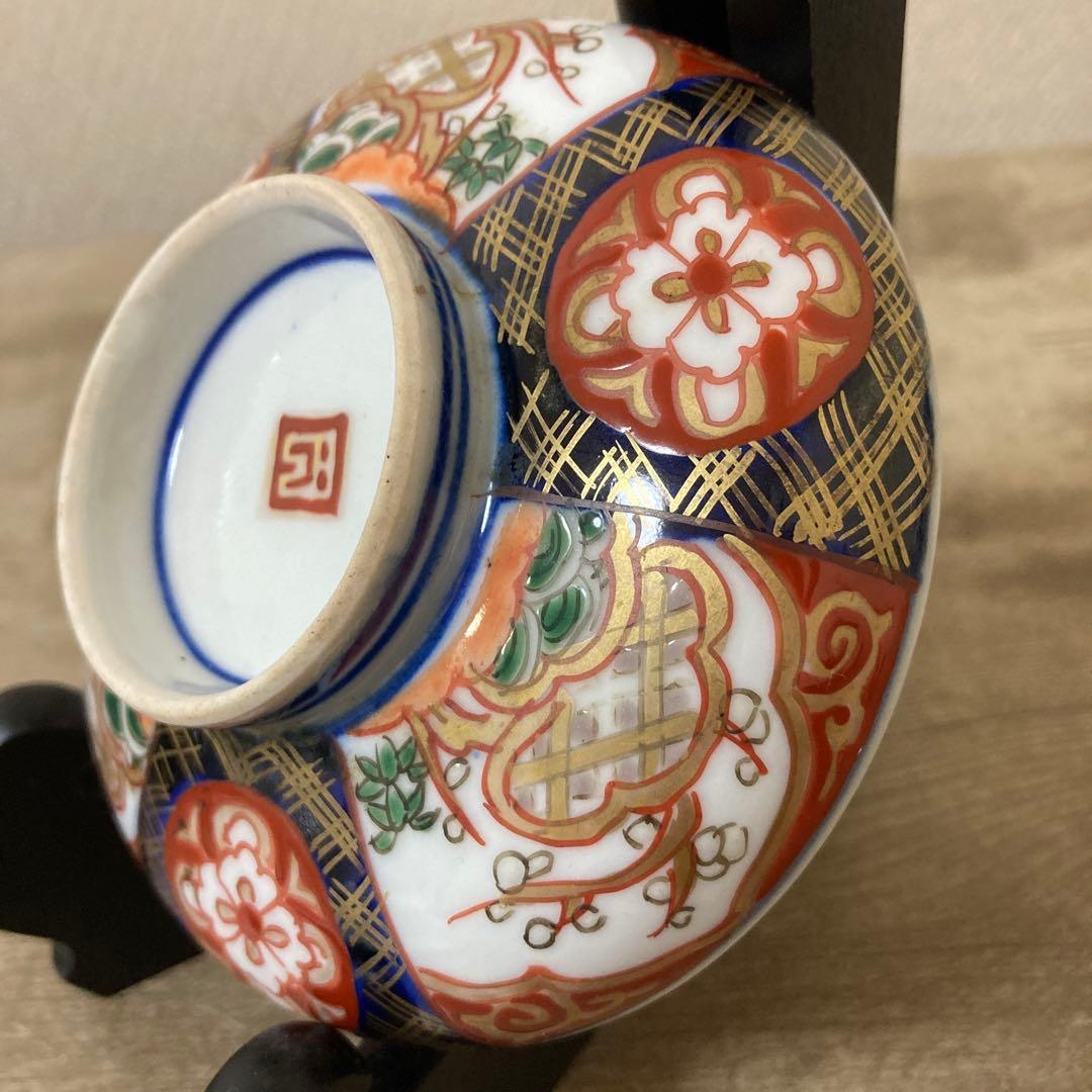 古伊万里　色絵染付間取　金襴手　丼　5客　蓋付碗　アンティーク　骨董　明治〜大正