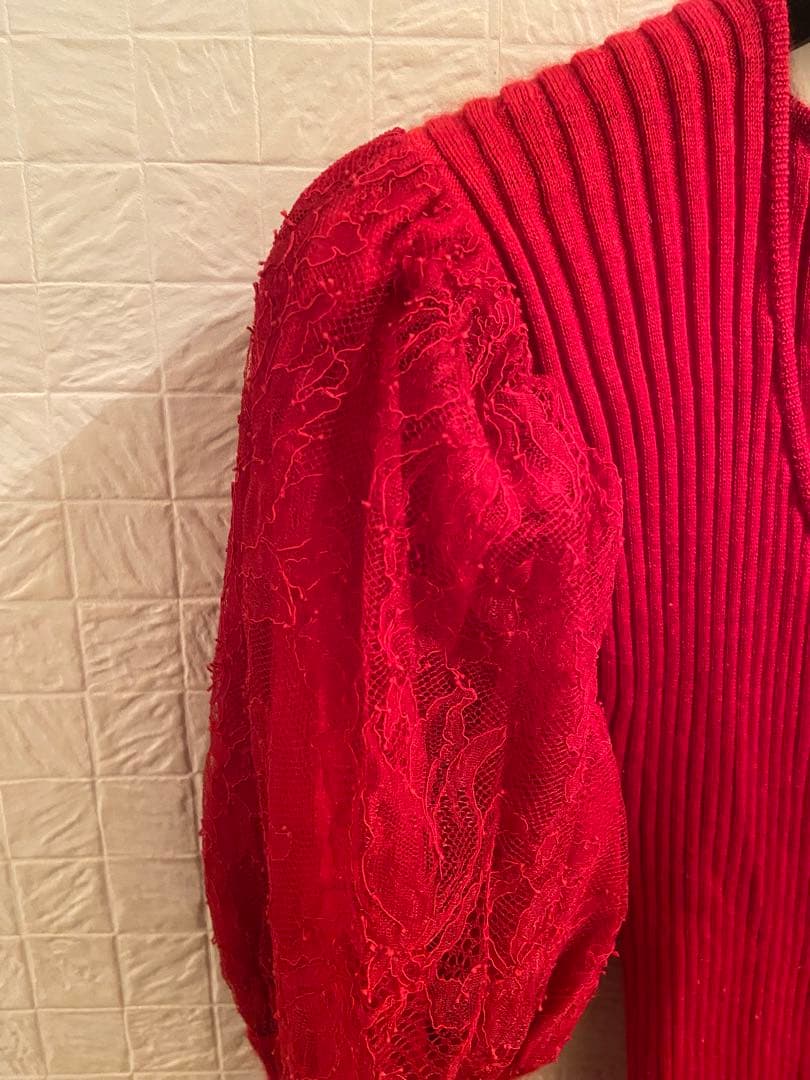 leur logette リブニット パフスリーブ レース カシミヤ　シルク