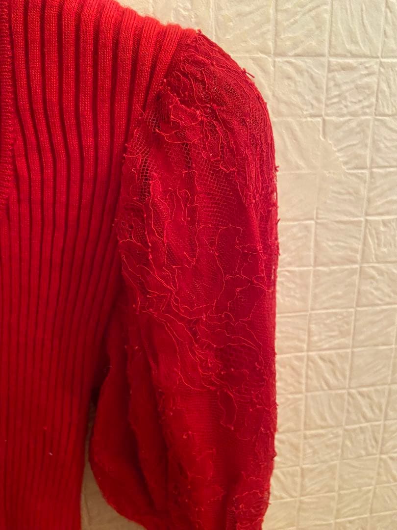 leur logette リブニット パフスリーブ レース カシミヤ　シルク