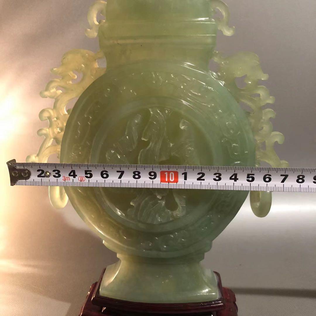 N191、天然石翡翠色 香炉 壺 飾り 高浮彫り 透かし彫り　極上彫刻 遊環