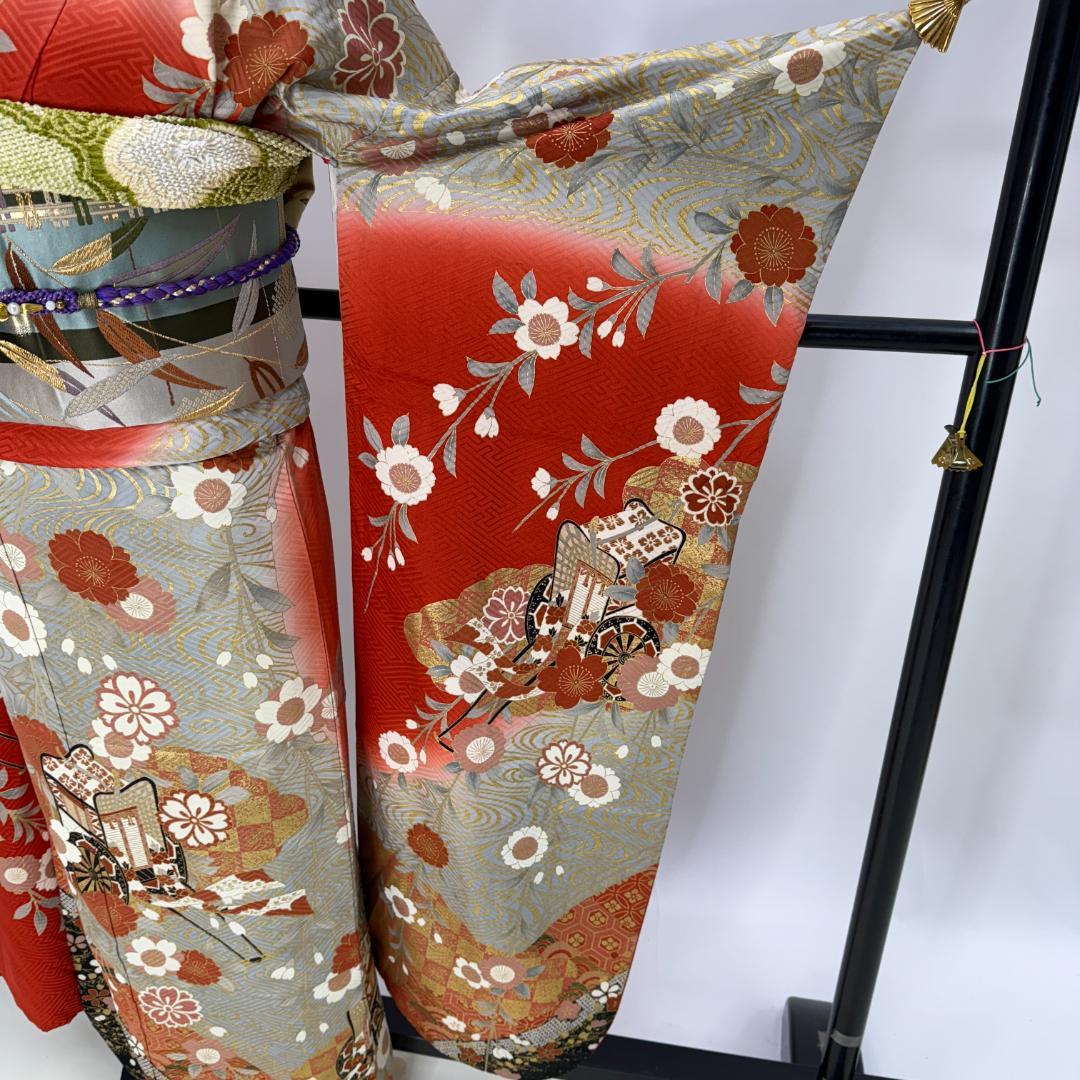 振袖フルセット 朱色 グレー 成人式 草履バック付 裄66cm S-211