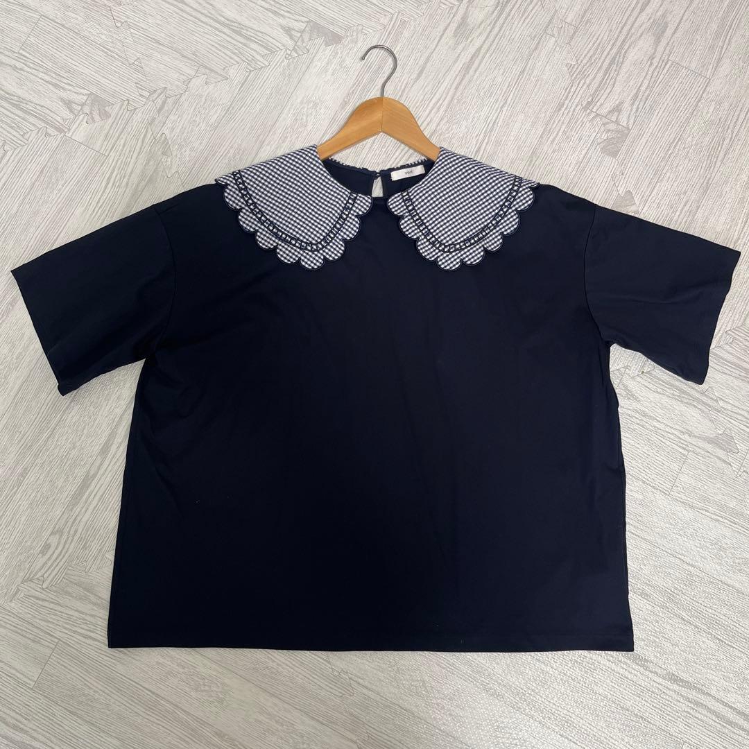 yori ギンガムスカラップカラーカットソー ネイビー