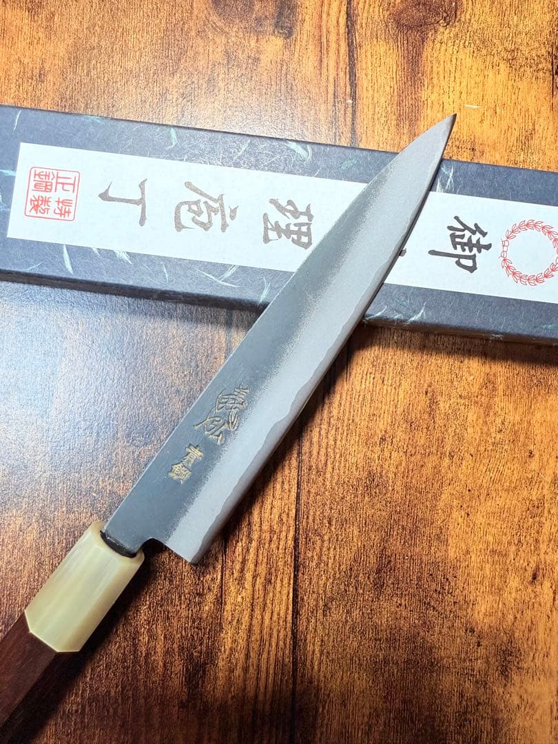 義弘作　ペティナイフ　本黒　包丁　5寸　青鋼　山脇刃物製作所　紫檀水牛八角柄