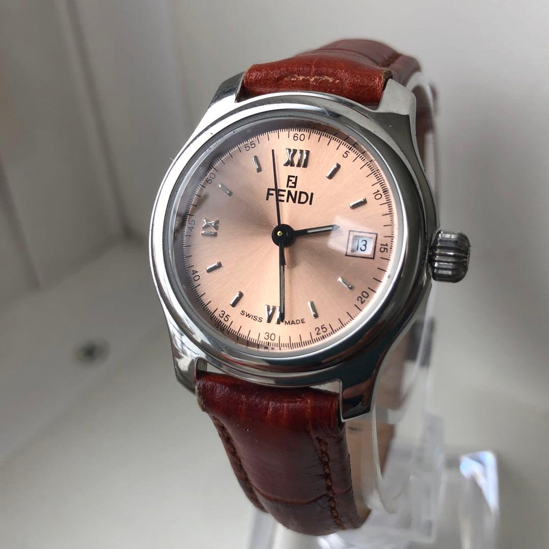 【美品】FENDI フェンディ 210L 腕時計 ピンク文字盤 ブラウンレザー
