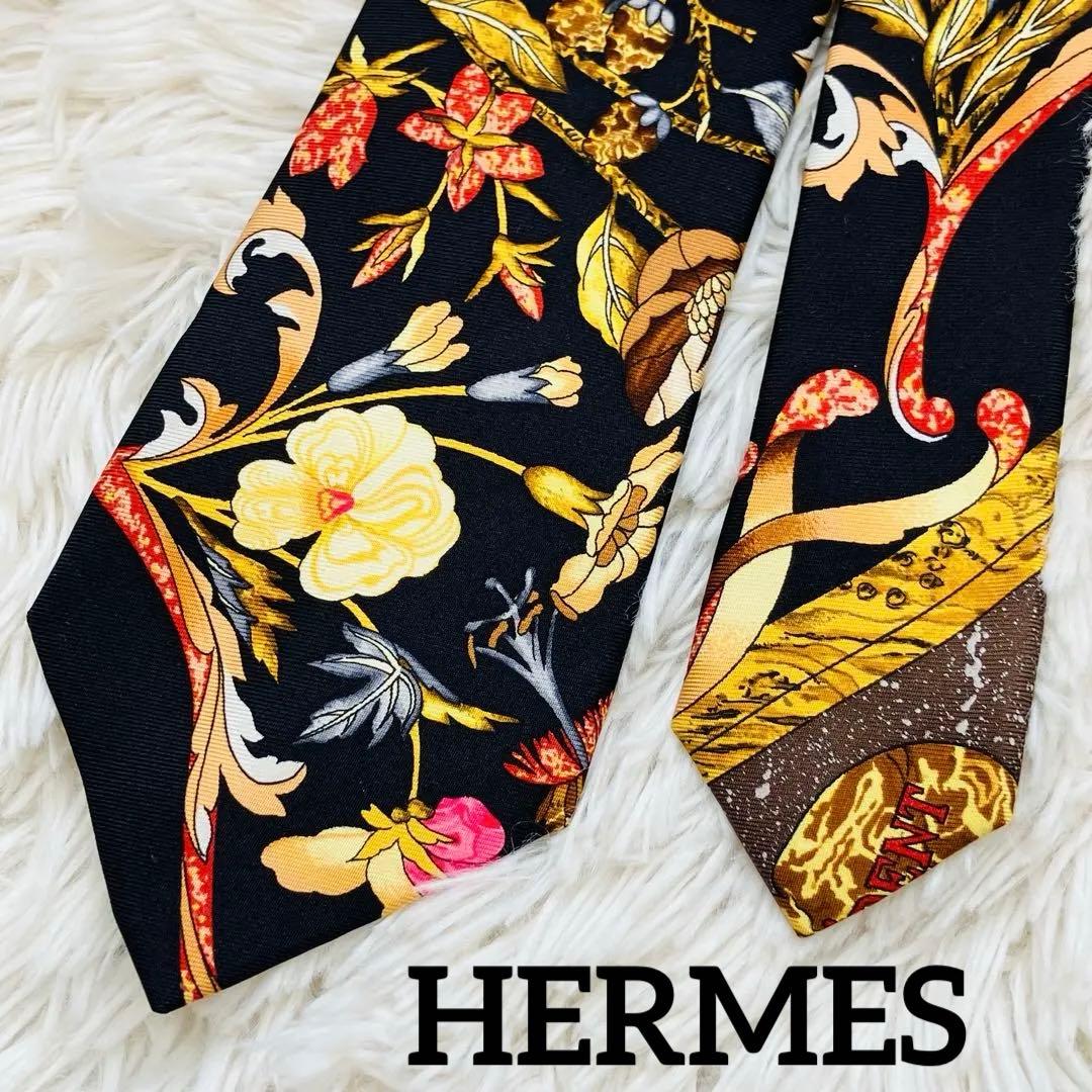 エルメス　ネクタイ　スカーフ柄　花柄　黒　ブラック　総柄　高級　シルク　成人式